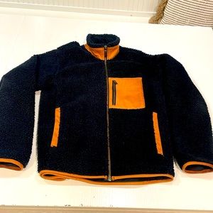 Mens Orvis fleece and leather jacket size M. Navy blue with saddle leather